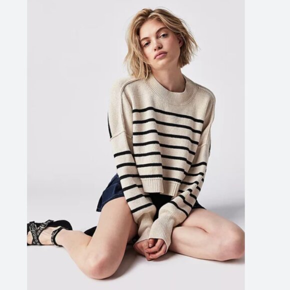 Free People | NWT Stripe Easy Street Crop Sweater Mock Neck Pullover Knit Size L - Picture 13 of 13